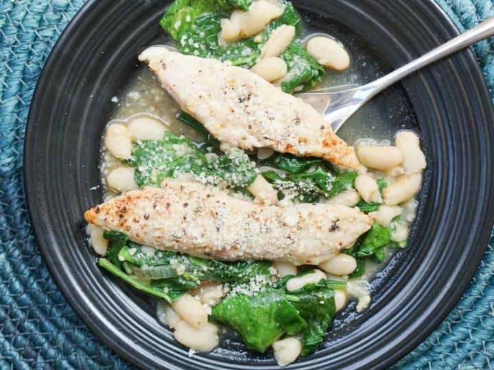 One Pot Chicken, White Bean and Spinach Saute
