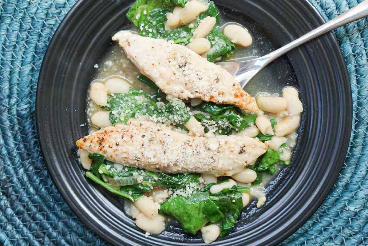 One Pot Chicken, White Bean and Spinach Saute