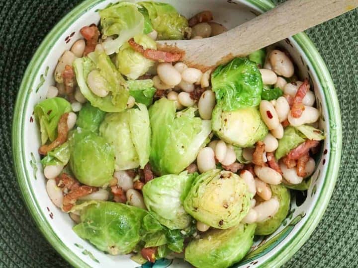 Sauteed Brussel Sprouts And Pancetta With White Beans